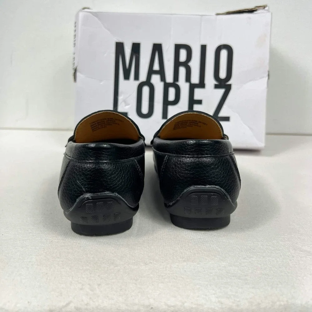 EUC Mario Lopez Hogan Black Loafers Shoes Metal ML Logo Memory Foam Boys 12M